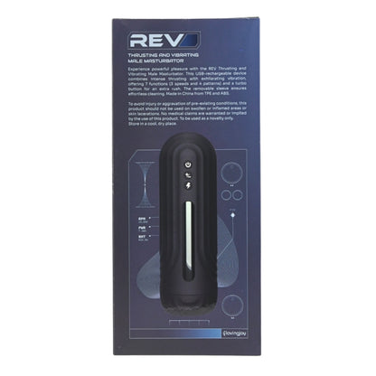 Product packaging with 'REV' branding on a white background