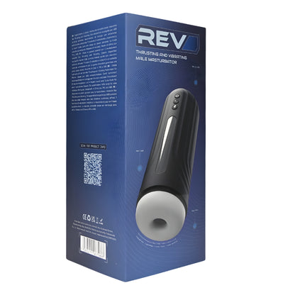 Rev Thrusting & Vibrating Male Masturbator Auto Stroker packaging on a white background