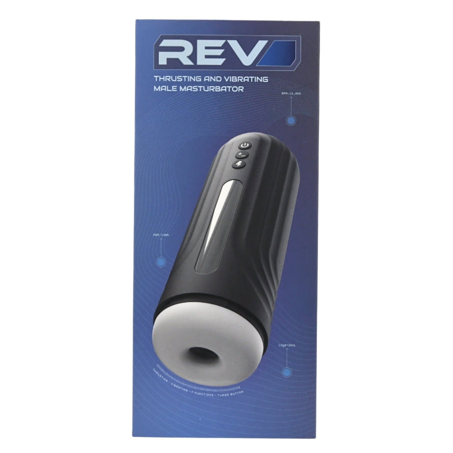 Product packaging for a male masturbator with 'REV' branding on a blue background.