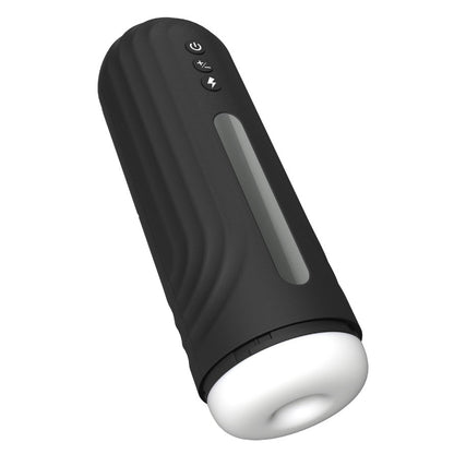 Black cylindrical massage device with a white base on a white background