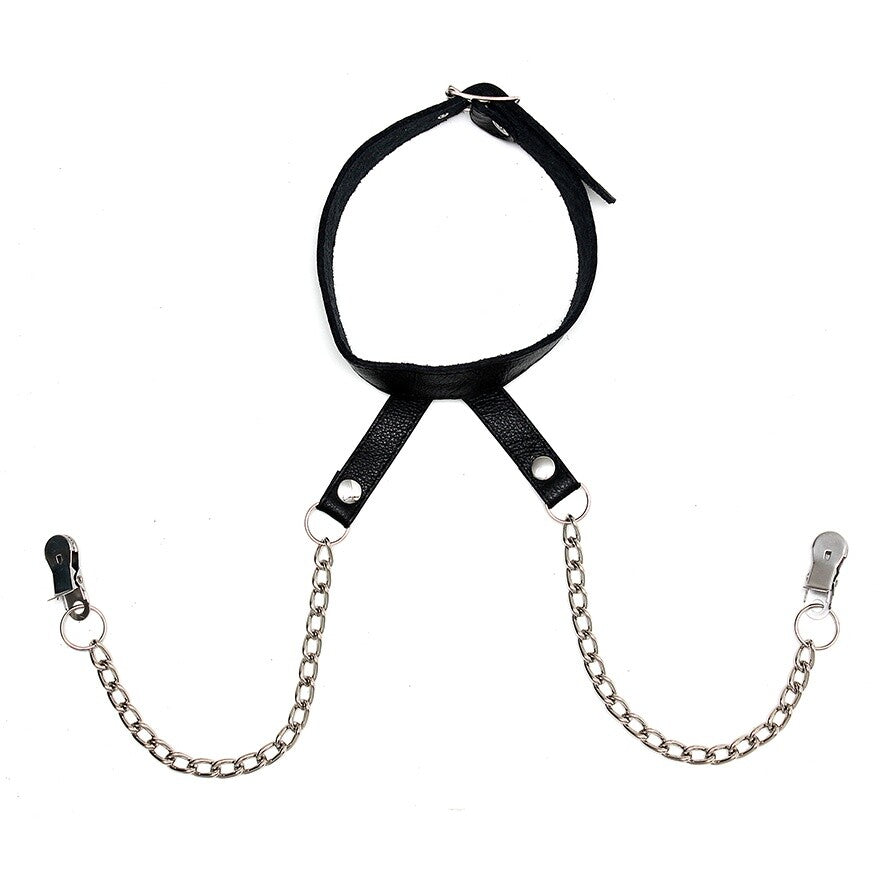 Rimba Bondage Play BDSM Adjustable Leather Neck Collar Nipple Clamps Harness