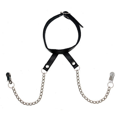 Rimba Bondage Play BDSM Adjustable Leather Neck Collar Nipple Clamps Harness