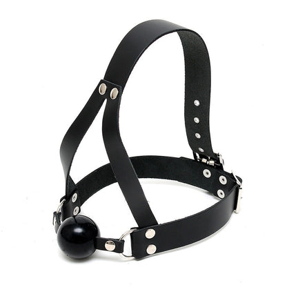 Black leather harness with a ball on a white background
