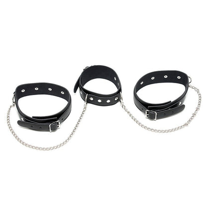 Three black leather cuffs with chains on a white background
