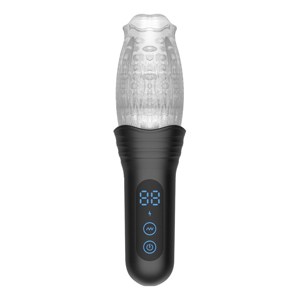 Black handheld masturbator device with digital display and control buttons on a white background