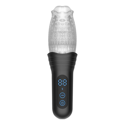 Black handheld masturbator device with digital display and control buttons on a white background