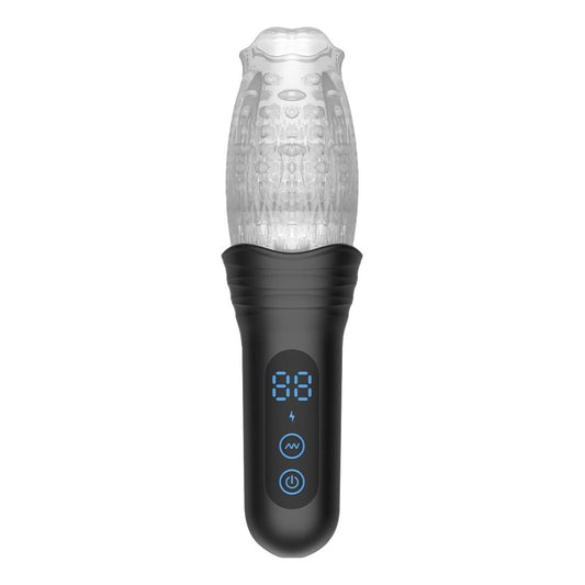 Black handheld masturbator device with digital display and control buttons on a white background