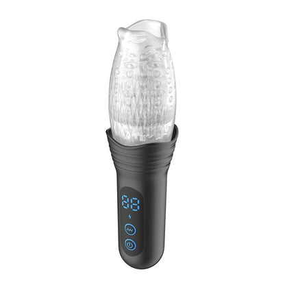 Handheld device with a clear cylindrical auto stroker and digital display on a white background