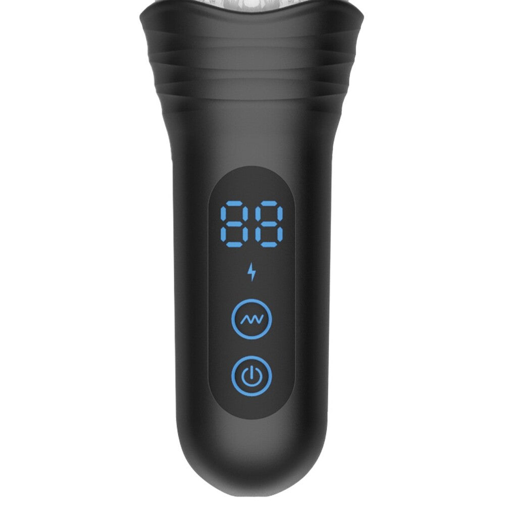Black handheld masturbator device with digital display and control buttons on a white background