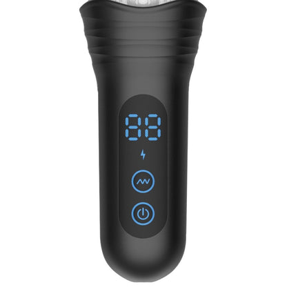 Black handheld masturbator device with digital display and control buttons on a white background