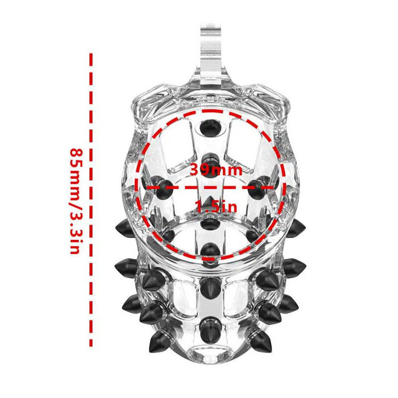 Clear chastity cage with black spikes and measurements on a white background