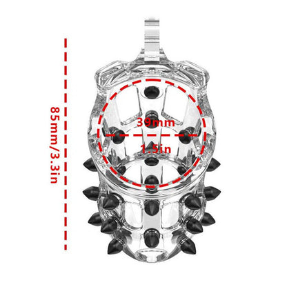 Clear chastity cage with black spikes and measurements on a white background