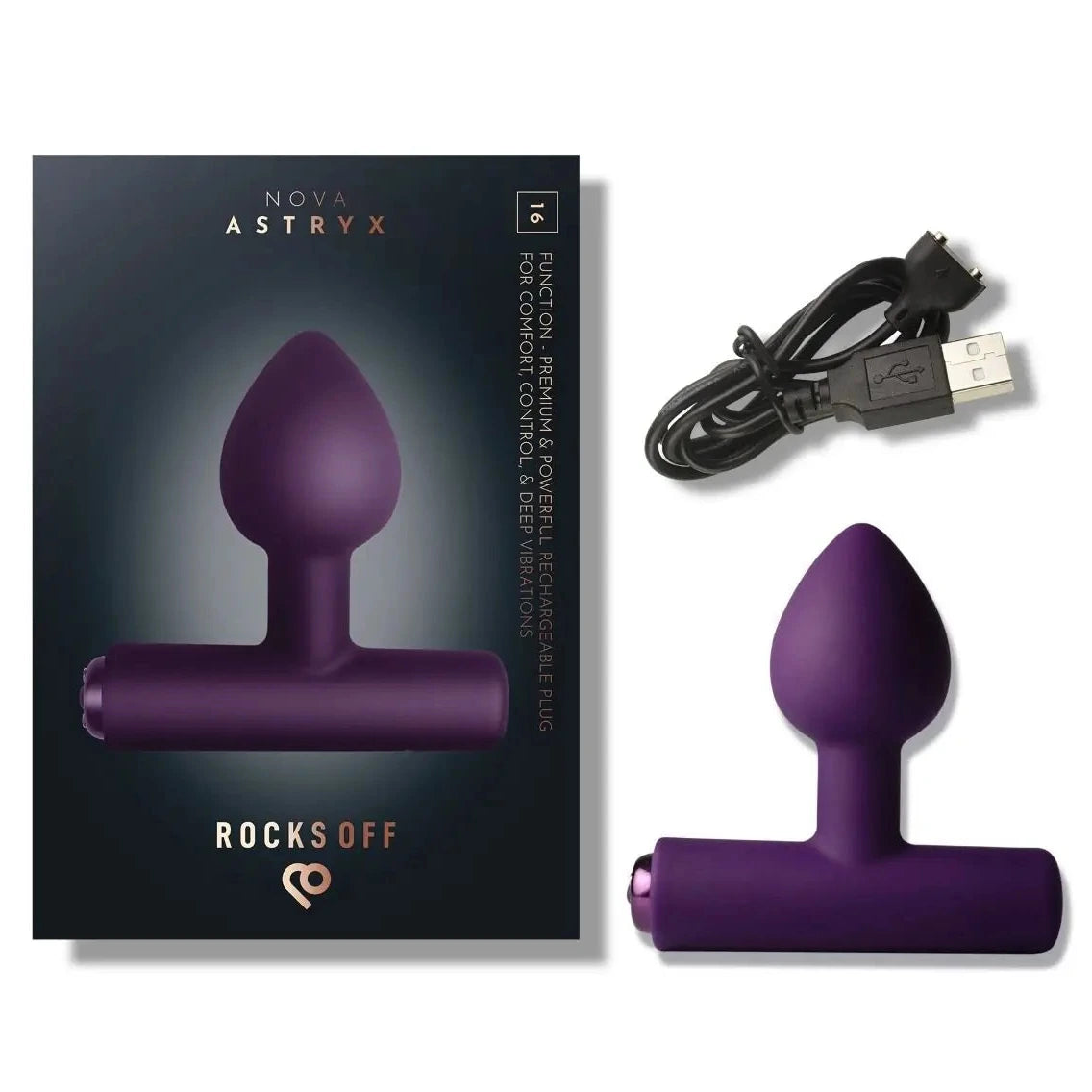 Purple electronic anal massage device with packaging and USB cable on a white background