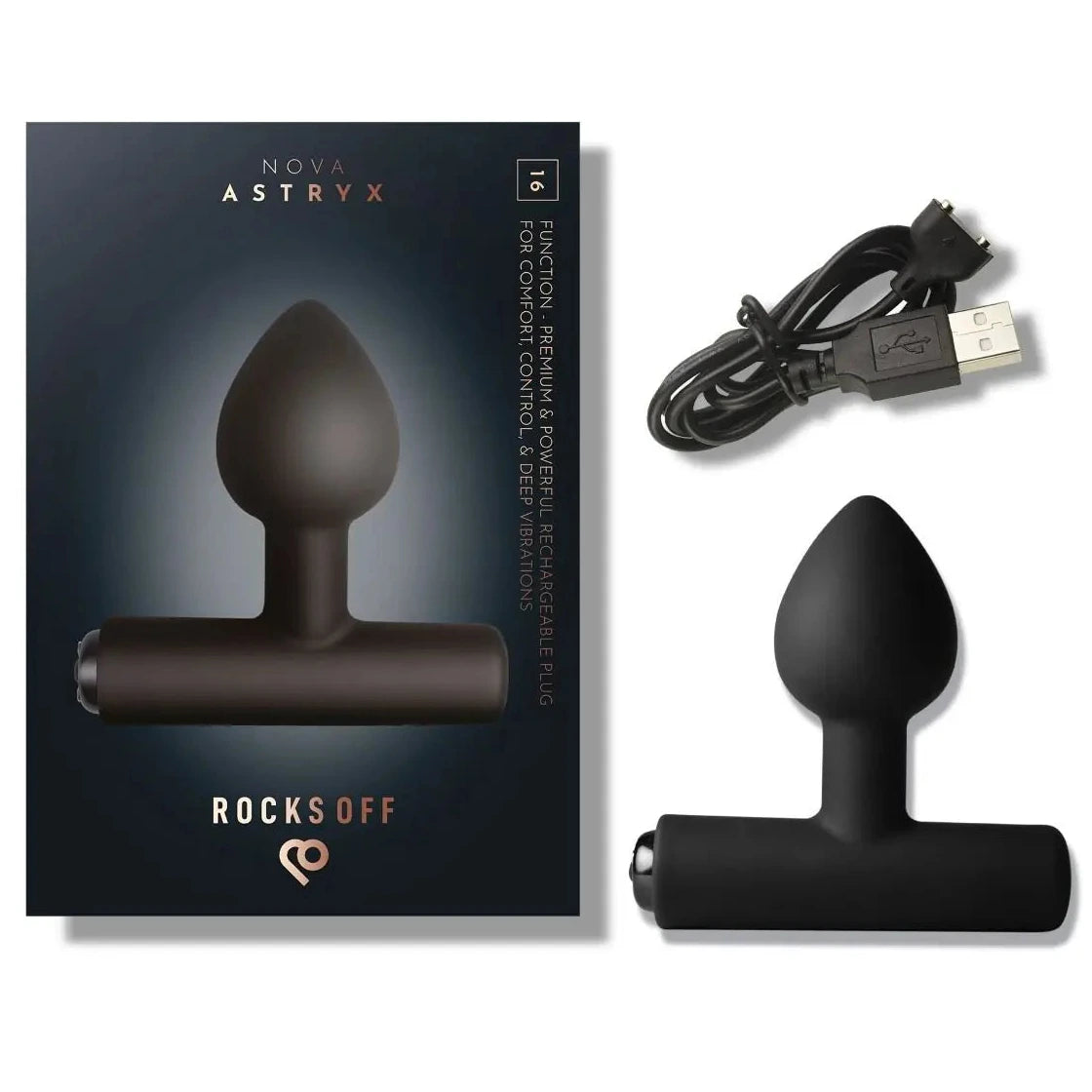 Black silicone butt plug with packaging and USB cable on a white background