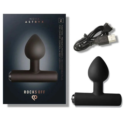 Black silicone butt plug with packaging and USB cable on a white background