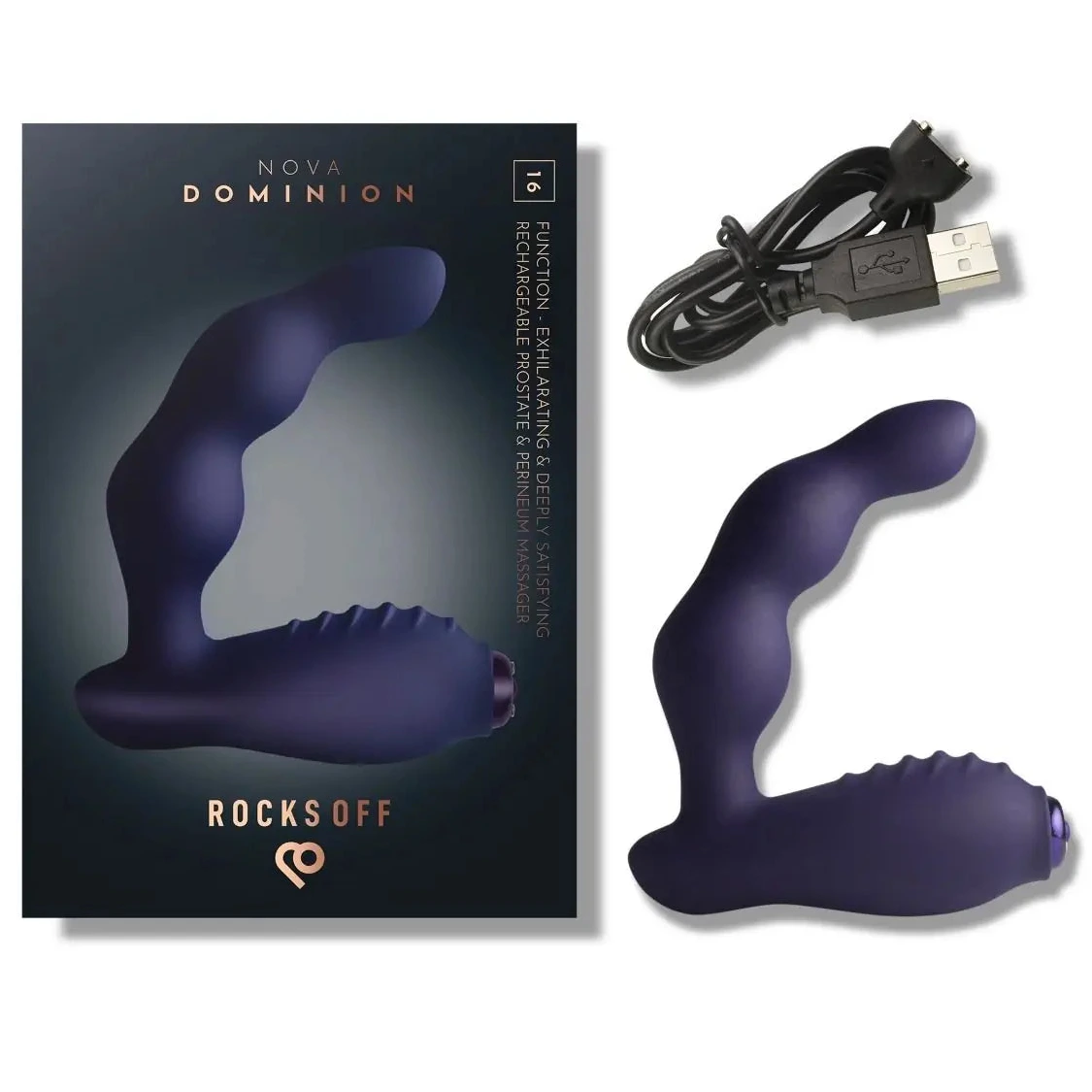 Purple electronic massage device with packaging and USB cable on a white background