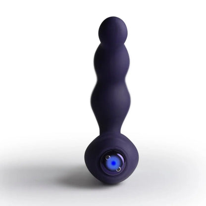 Purple handheld anal prostate massager with a blue light on a white background
