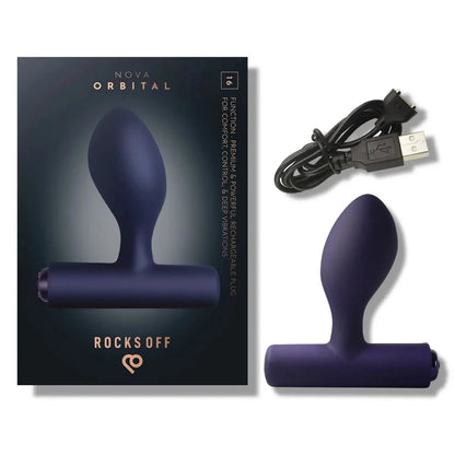 Purple Nova Orbital product by RocksOff with packaging and USB cable on a white background
