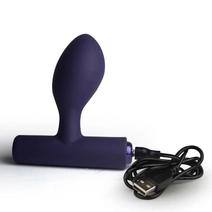 Purple silicone butt plug with USB cable on a white background