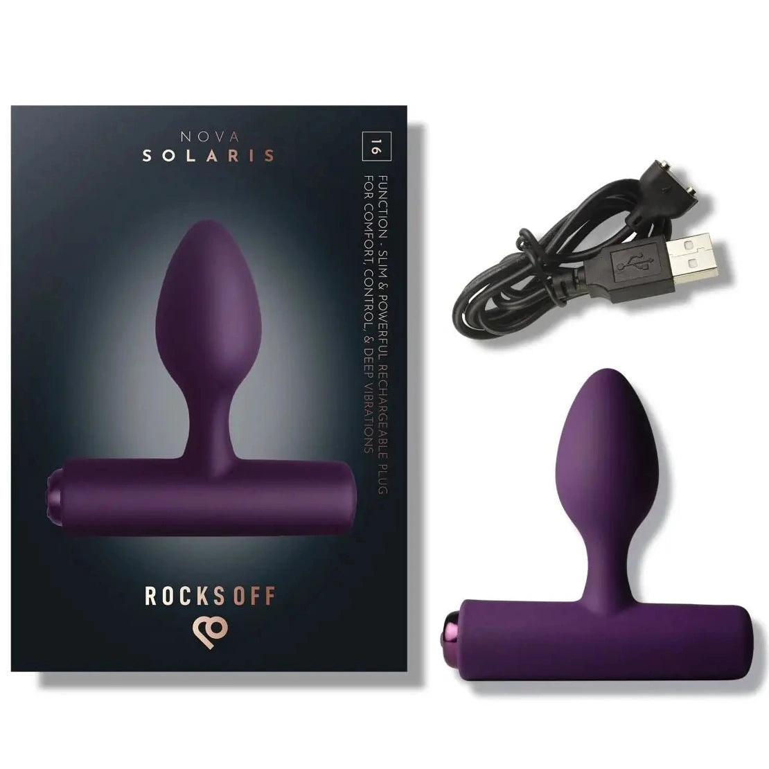 Purple electronic device with USB cable and packaging on a white background
