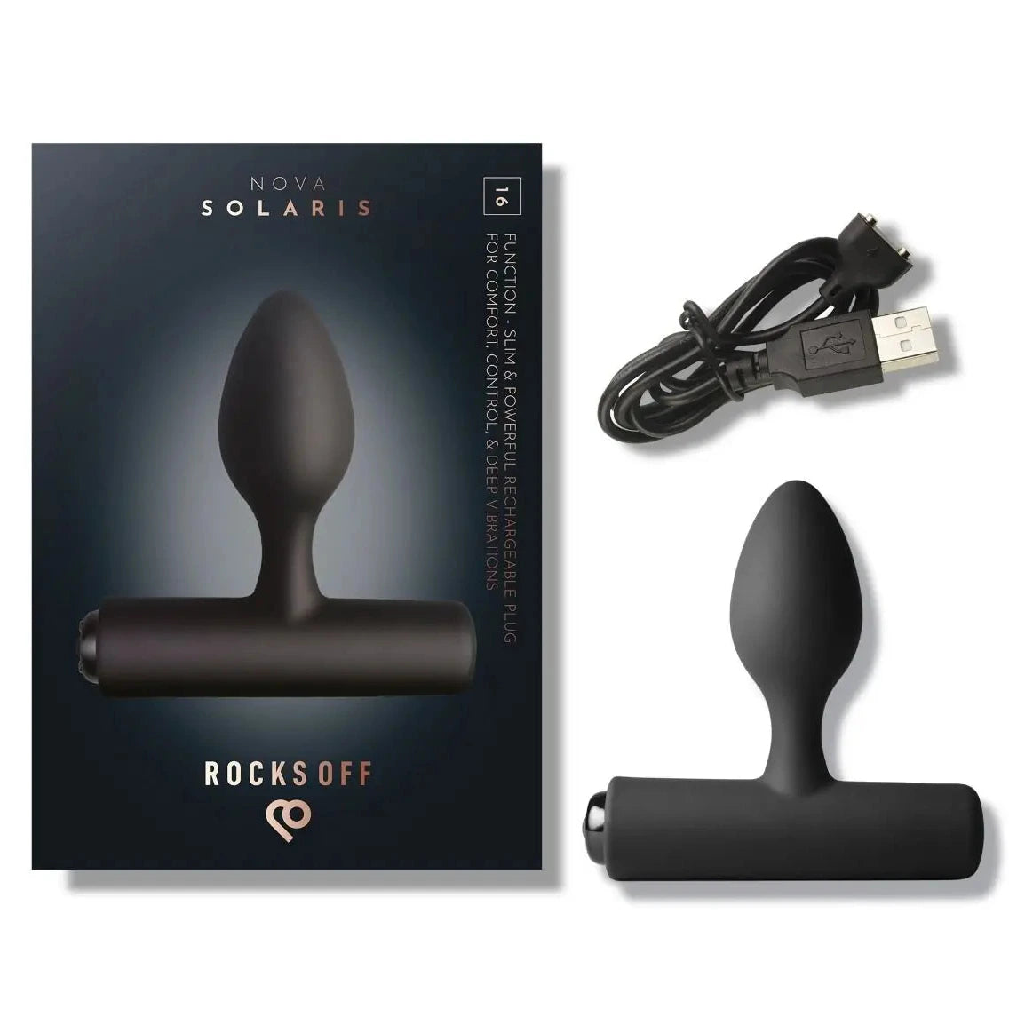 Black electronic prostate massage device with packaging and USB cable on a white background
