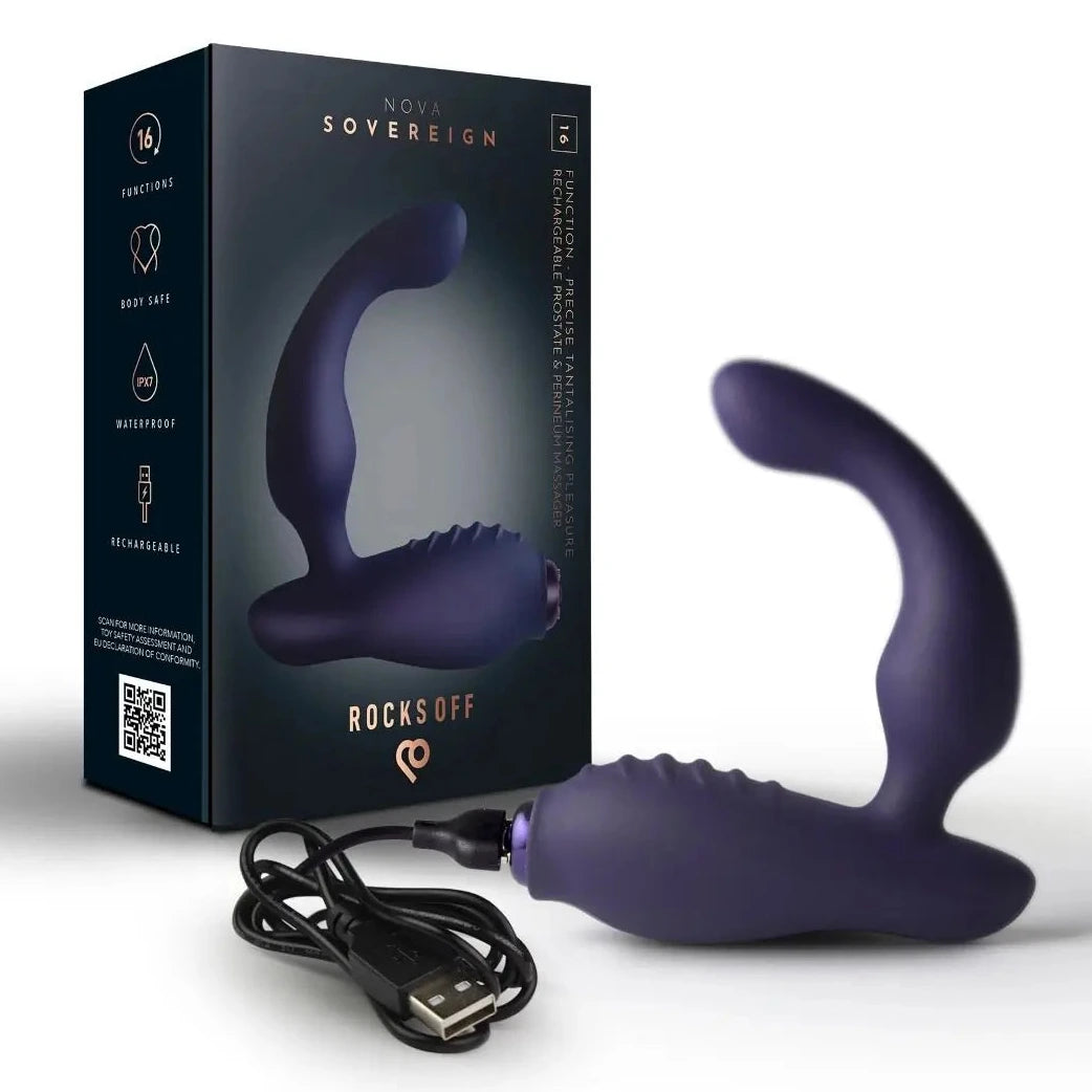 Purple electronic massage device with USB cable next to its packaging on a white background