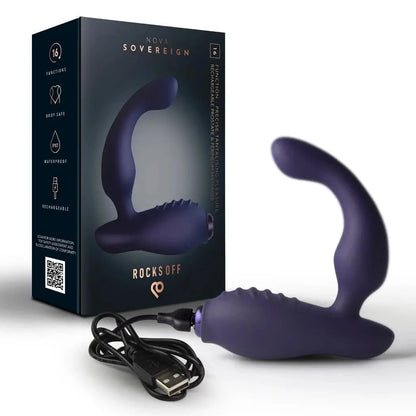 Purple electronic massage device with USB cable next to its packaging on a white background