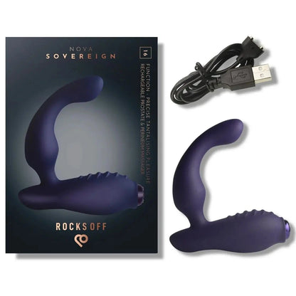 Purple prostate massager with packaging and USB cable on a white background