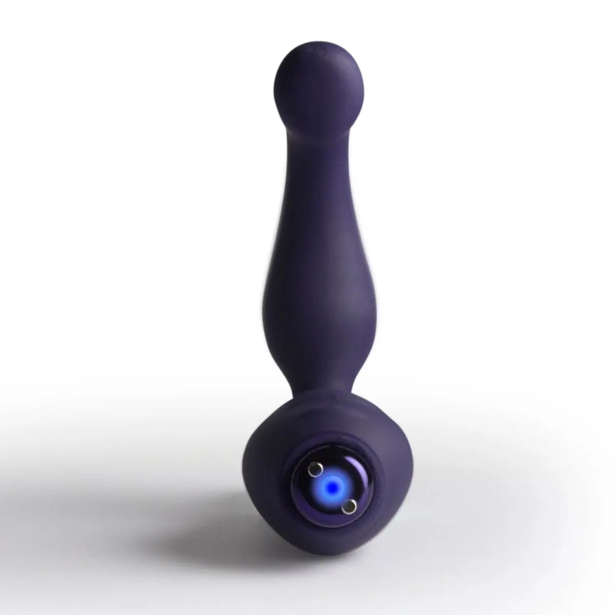 Purple electronic massager device with a blue light on a white background