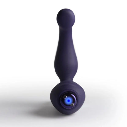 Purple electronic massager device with a blue light on a white background
