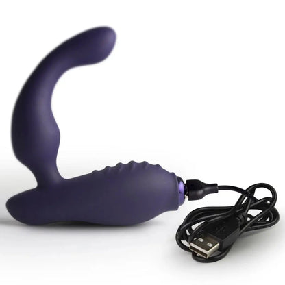Purple silicone sex toy with USB cable on a white background