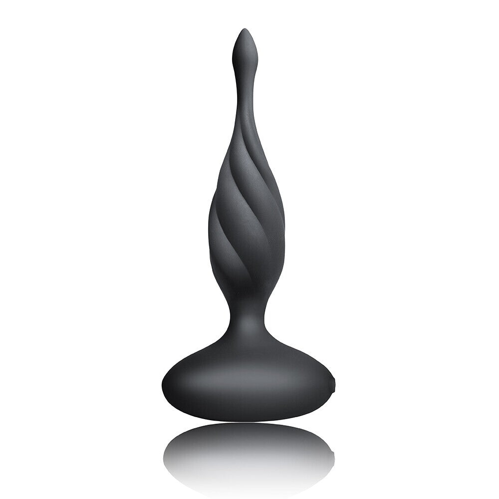 Black spiral-shaped butt plug on a white background