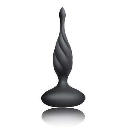 Black spiral-shaped butt plug on a white background