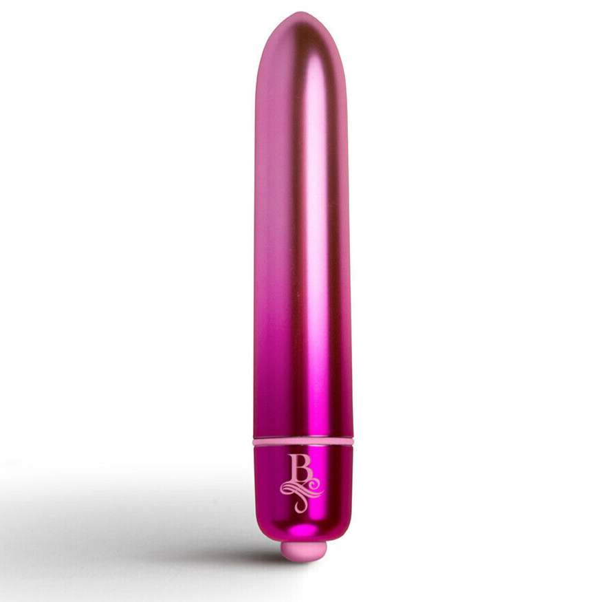 Pink cylindrical vibrator with a logo on a white background
