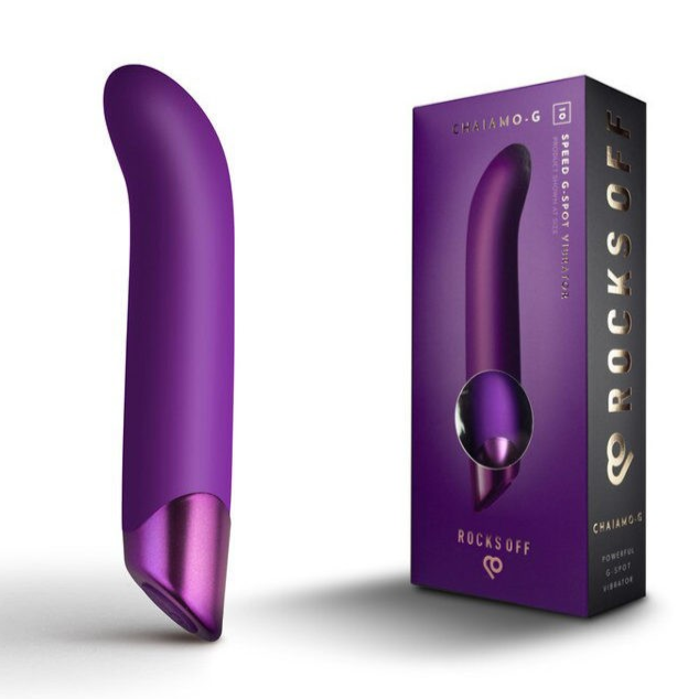 Purple sex toy with packaging on a white background