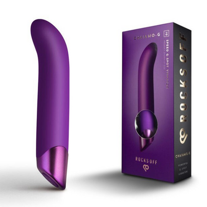Purple sex toy with packaging on a white background