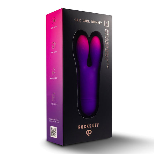 Purple sex toy in a black box with 'RockOff' branding on a white background