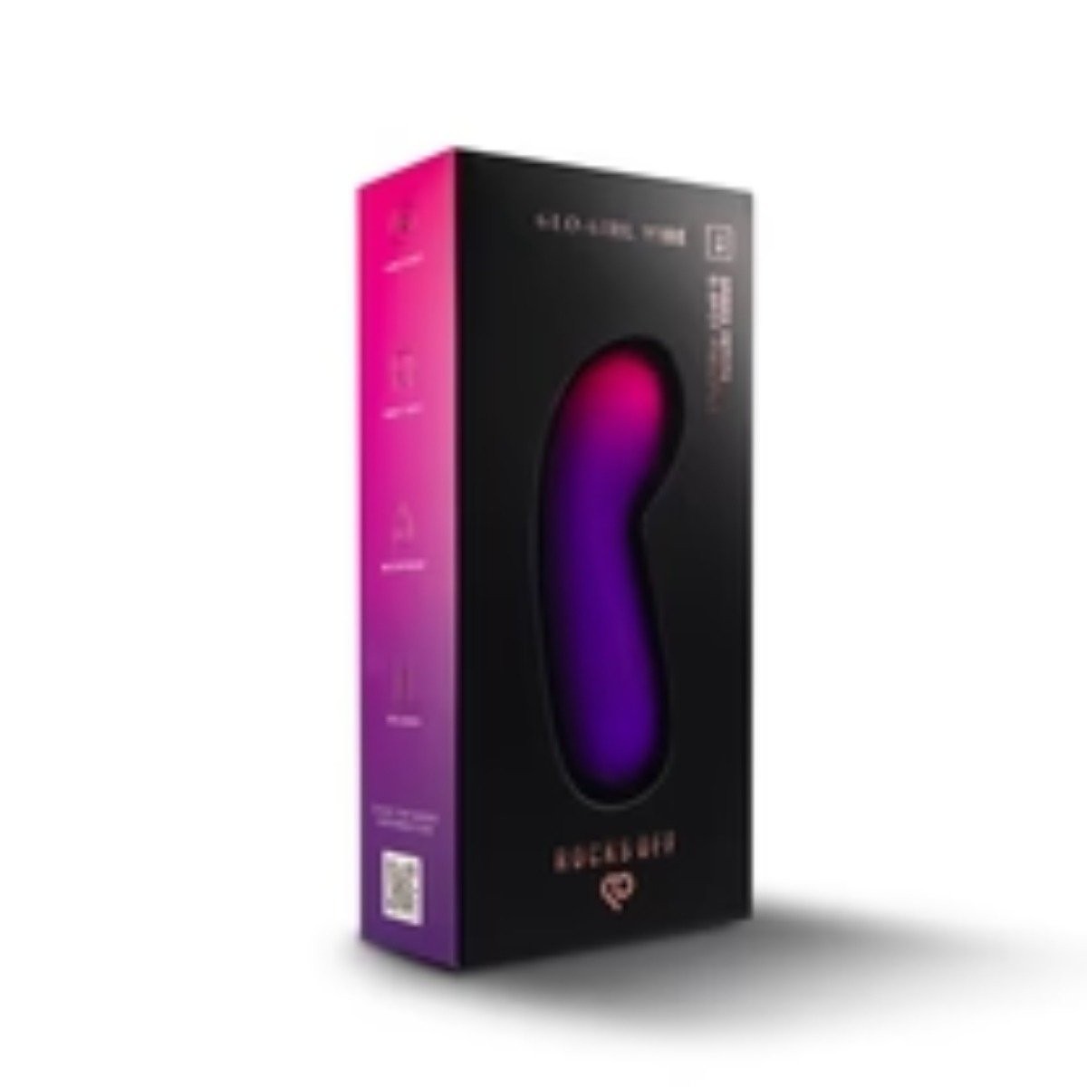 Black packaging with gradient purple and pink design, featuring a heart logo.
