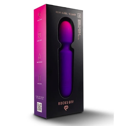 Purple sex toy in a black box with 'Rocks Off' branding on a white background