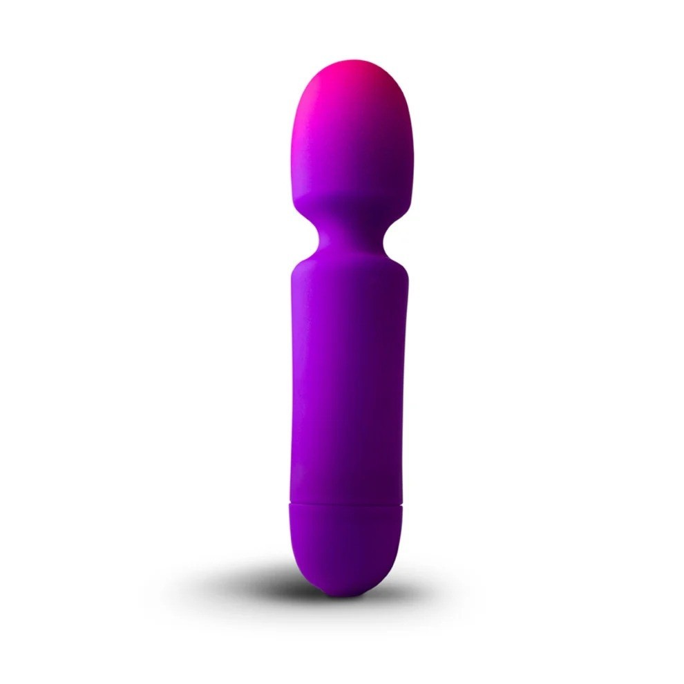 Purple and pink silicone wand vibrator on a white background