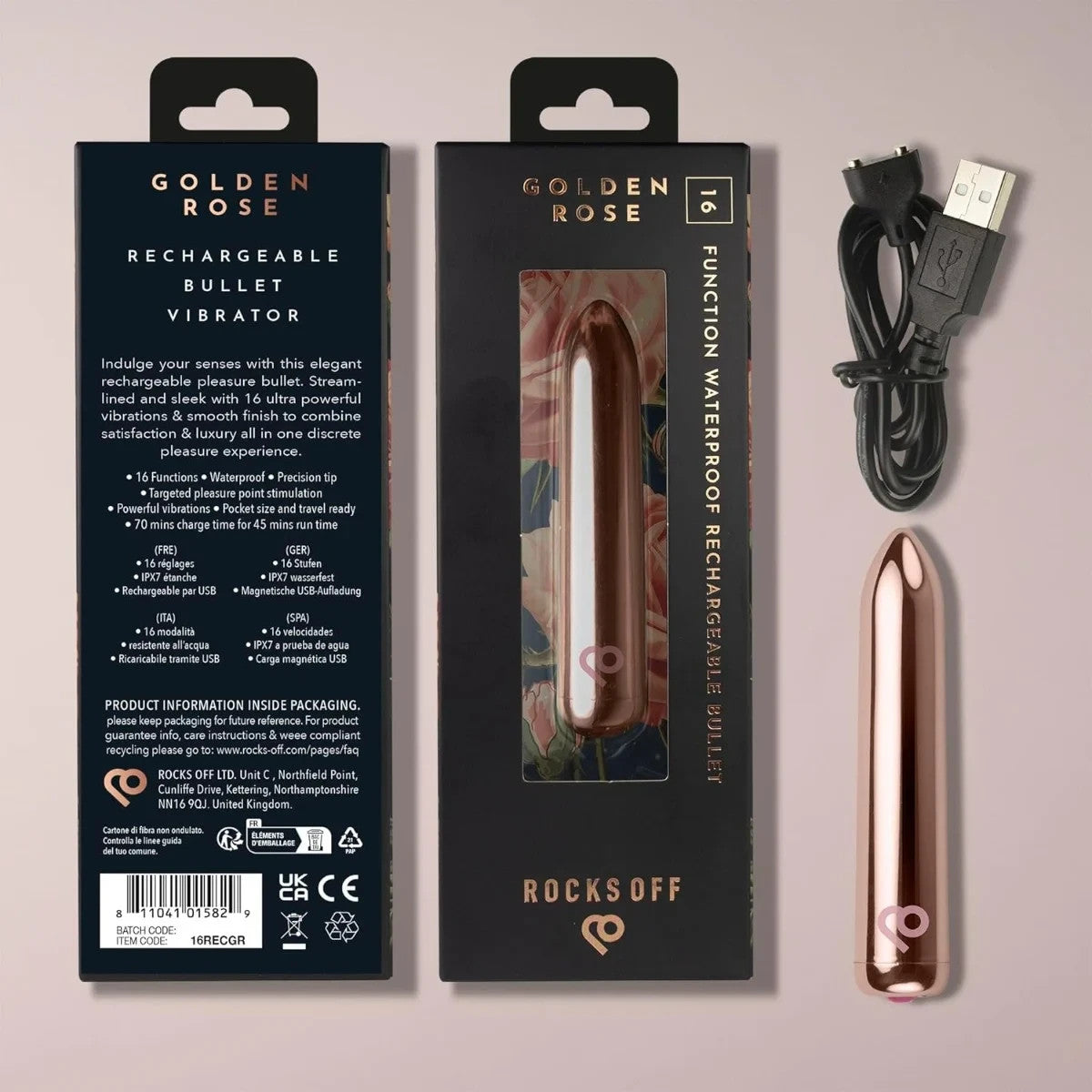 Rechargeable bullet vibrator with packaging, USB cable, and product on a light gray background