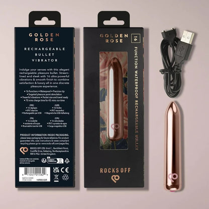 Rechargeable bullet vibrator with packaging, USB cable, and product on a light gray background