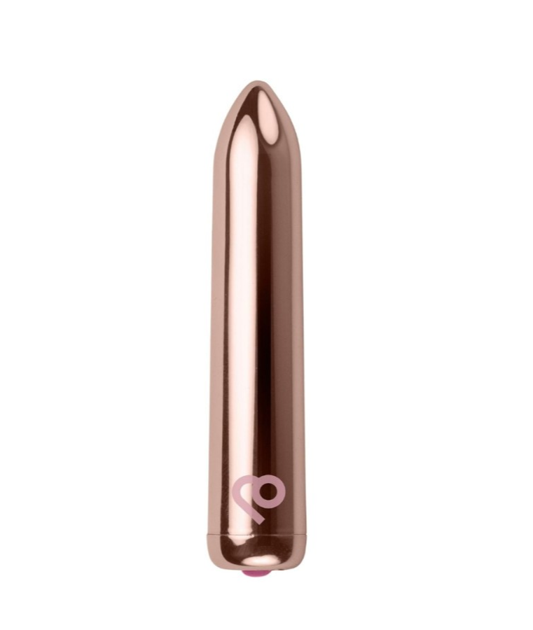 Rose gold bullet-shaped vibrator with a logo on a white background