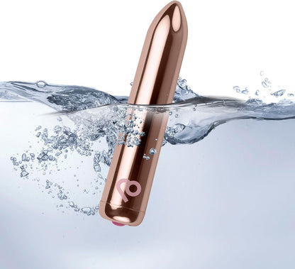 Rose gold device with a pink logo submerged in water on a light blue background
