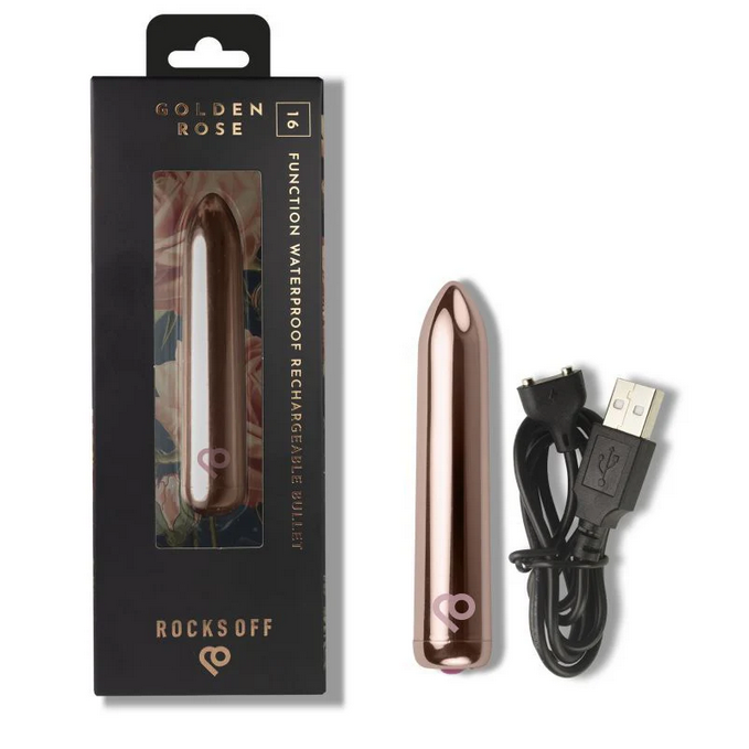 Rose gold electronic device with packaging and USB cable on a white background