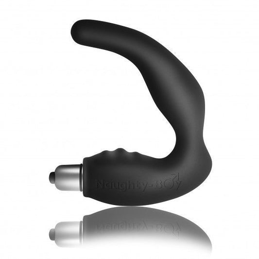 Black curved prostate massager with 'Naughty Boy' branding on a white background