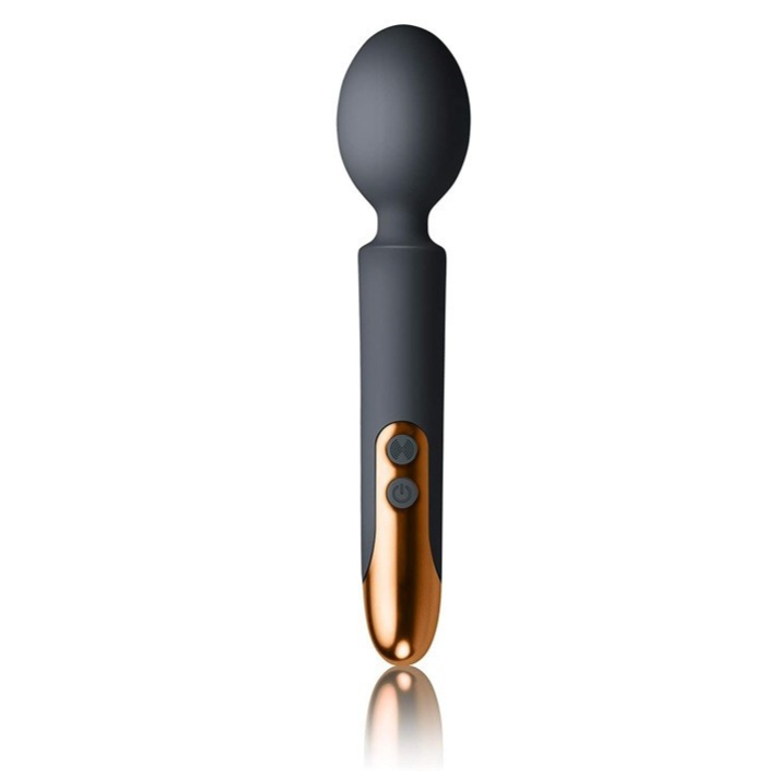 Black and gold wand vibrator on a white background