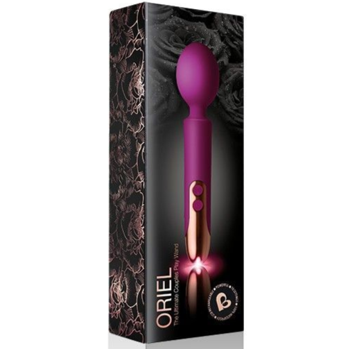 Purple Oriel product with rose gold accents on a decorative box