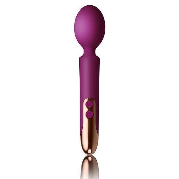 Purple and rose gold vibrator wand on a white background