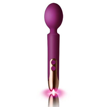 Purple and rose gold electronic device with a glowing pink light on a white background